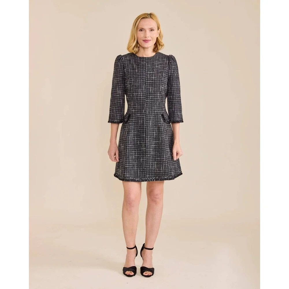 S'edge Womens Size Large Black White Tweed‎ Puff Sleeve Mini Dress NWT
